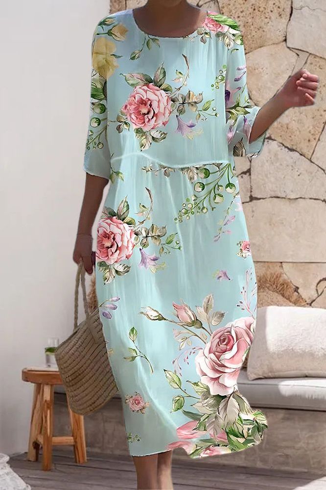 Flowy printed midi dress for women, offering a comfortable and versatile style for summer and casual occasions.