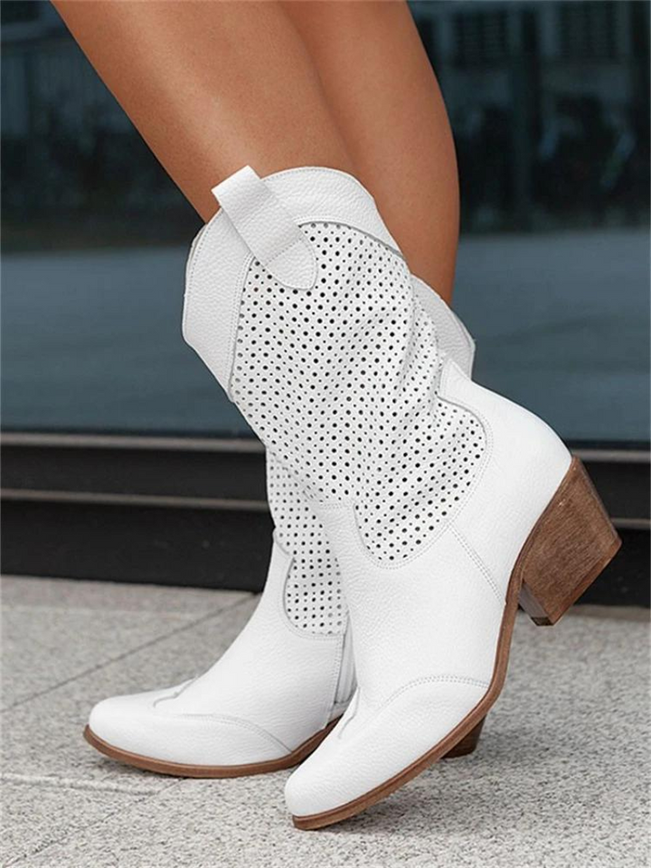 Women's perforated western mid-calf boots with pointed toe and low heel, ideal for cowgirl fashion.