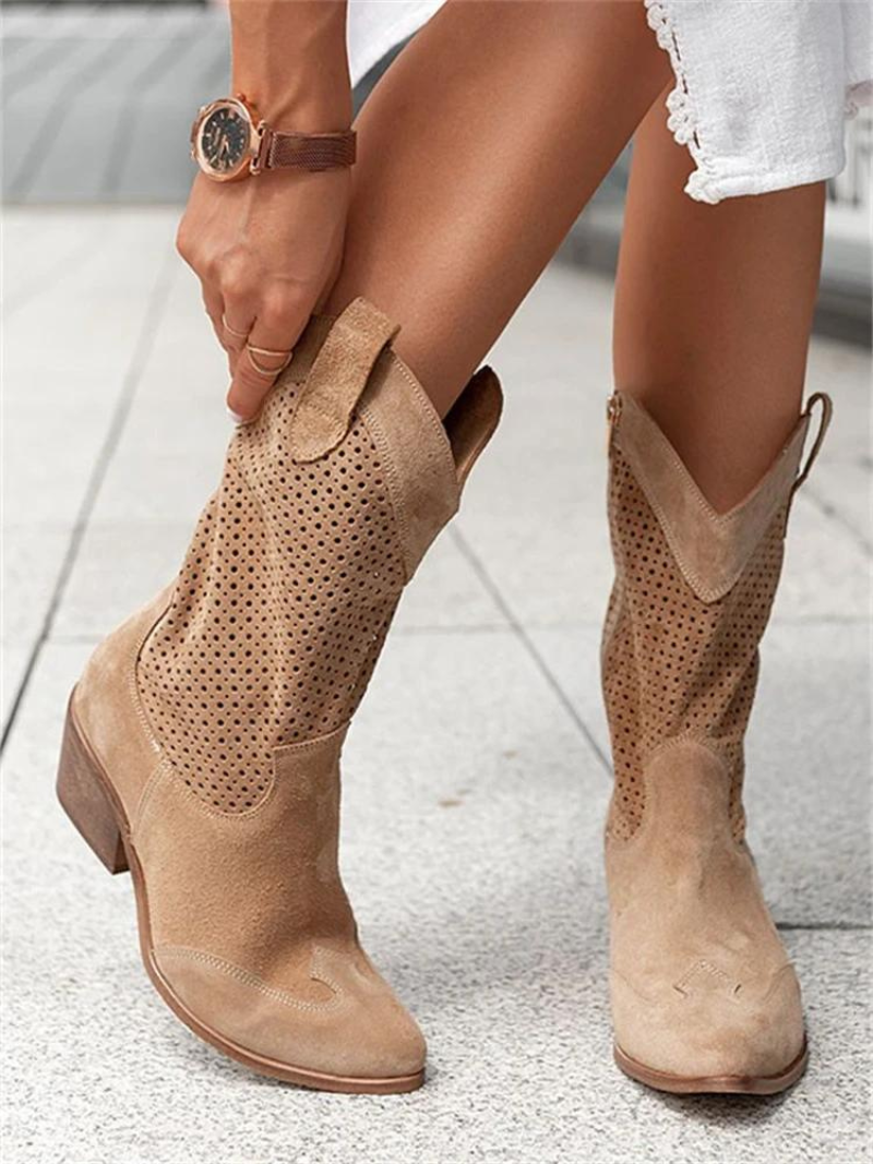 Elegant women's perforated mid-calf western boots with a sleek pointed toe and practical low heel design.