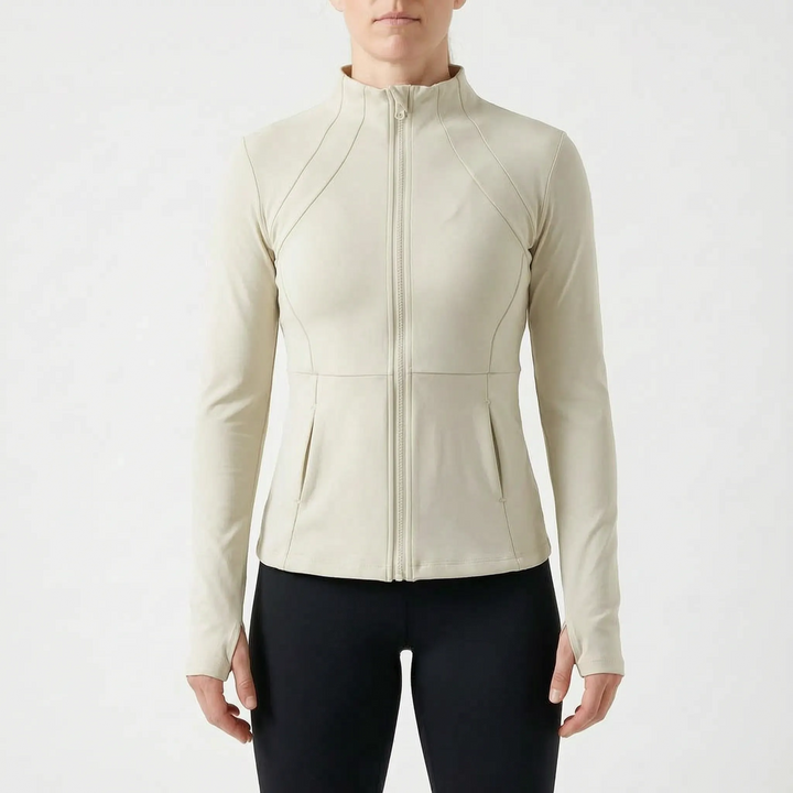 Stylish women's athletic full-zip jacket, long sleeve, moisture-wicking for ultimate comfort & performance.