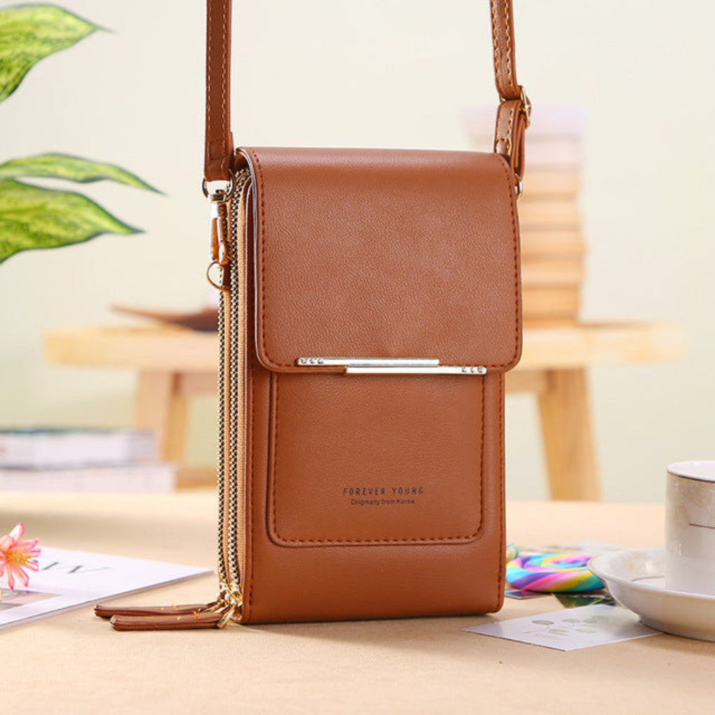 Women's phone shoulder bag with clear touchscreen window, perfect for quick access to your smartphone.