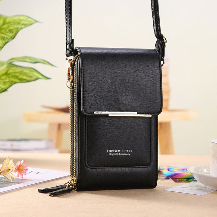 Stylish women's crossbody phone purse, a compact mini bag with a secure touchscreen compartment.