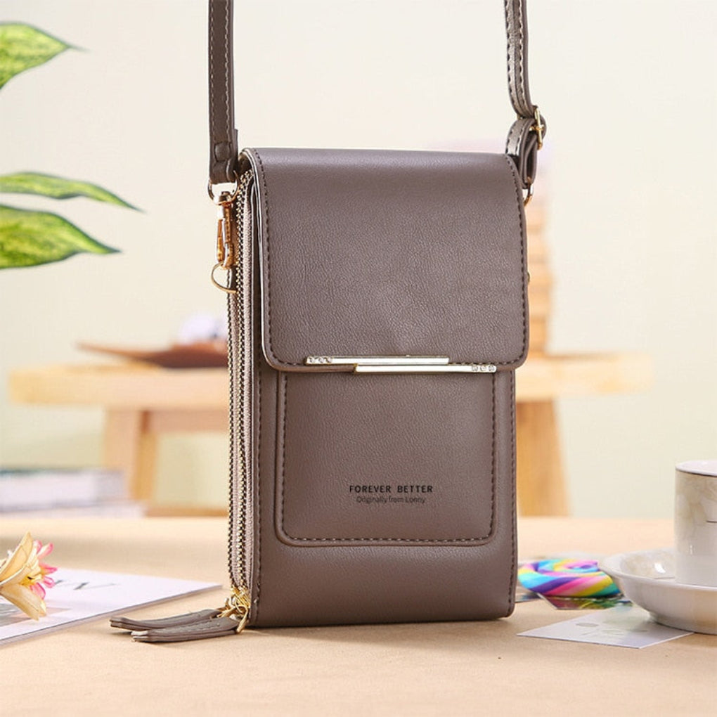 Fashionable everyday phone shoulder bag for women, a travel purse with a handy touchscreen pocket.