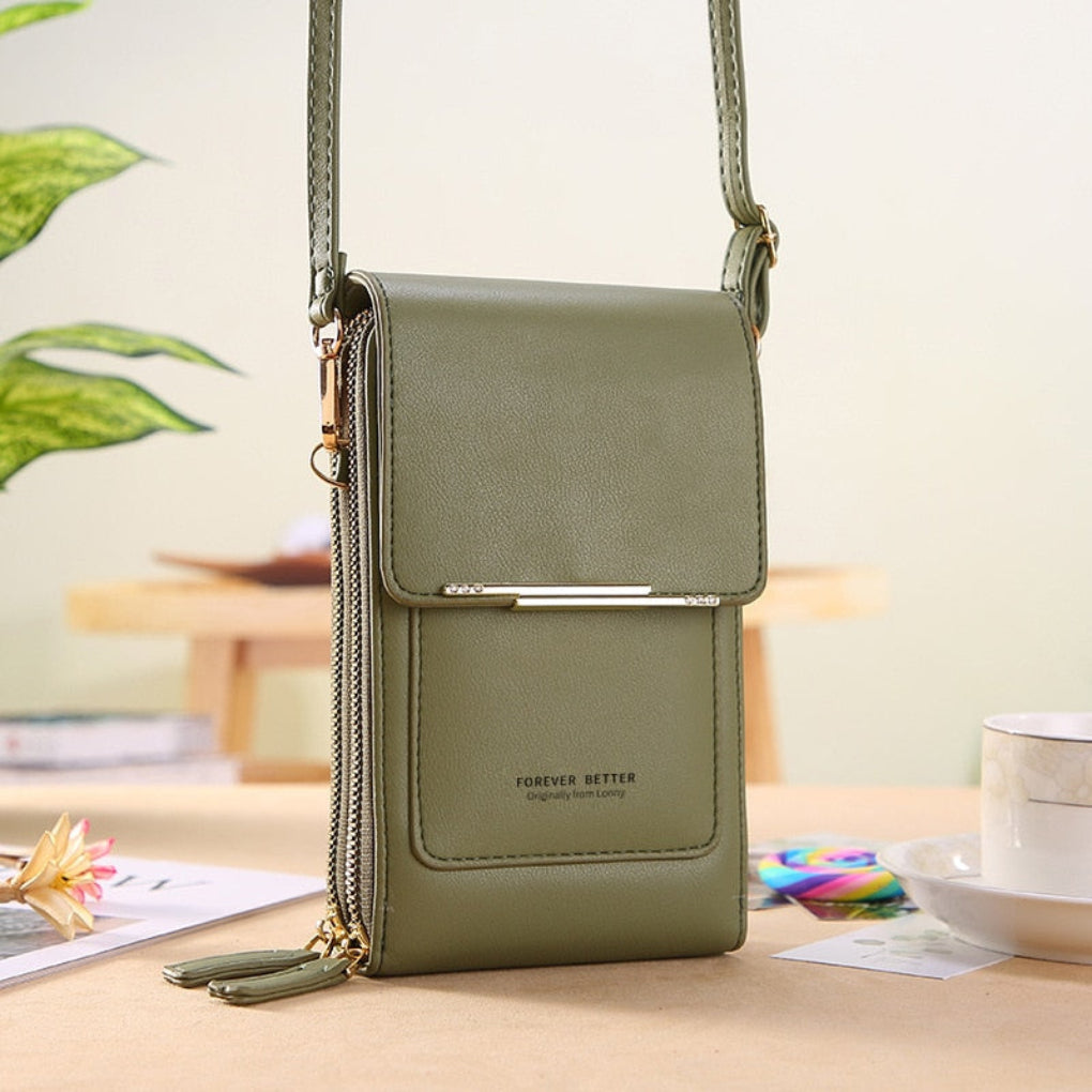 Compact women's mini phone bag, designed as a cross-body purse with a clear touchscreen panel for easy use.