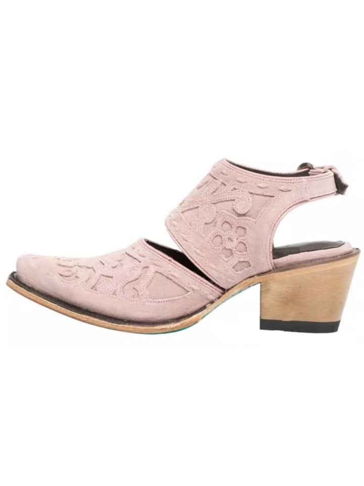 Women's pink embroidered snip toe slingback cowgirl boots. Trendy Western style fashion boots for festivals.