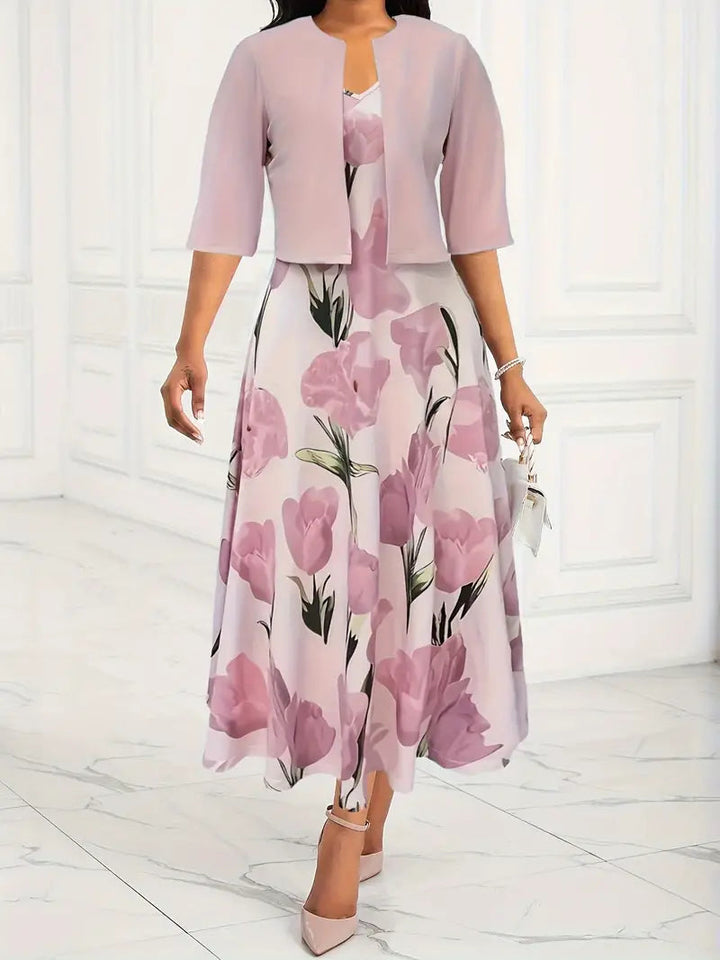 Women's pink floral maxi dress set with versatile jacket, perfect for elegant spring & summer occasions.