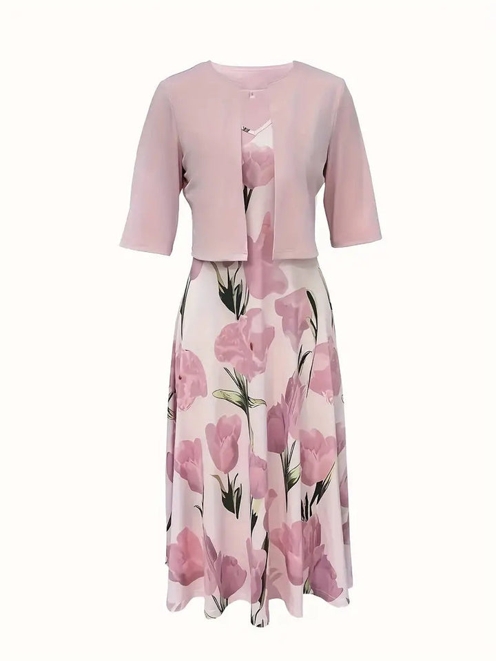 Elegant two-piece women's pink floral maxi dress & versatile jacket, ideal for spring/summer events.