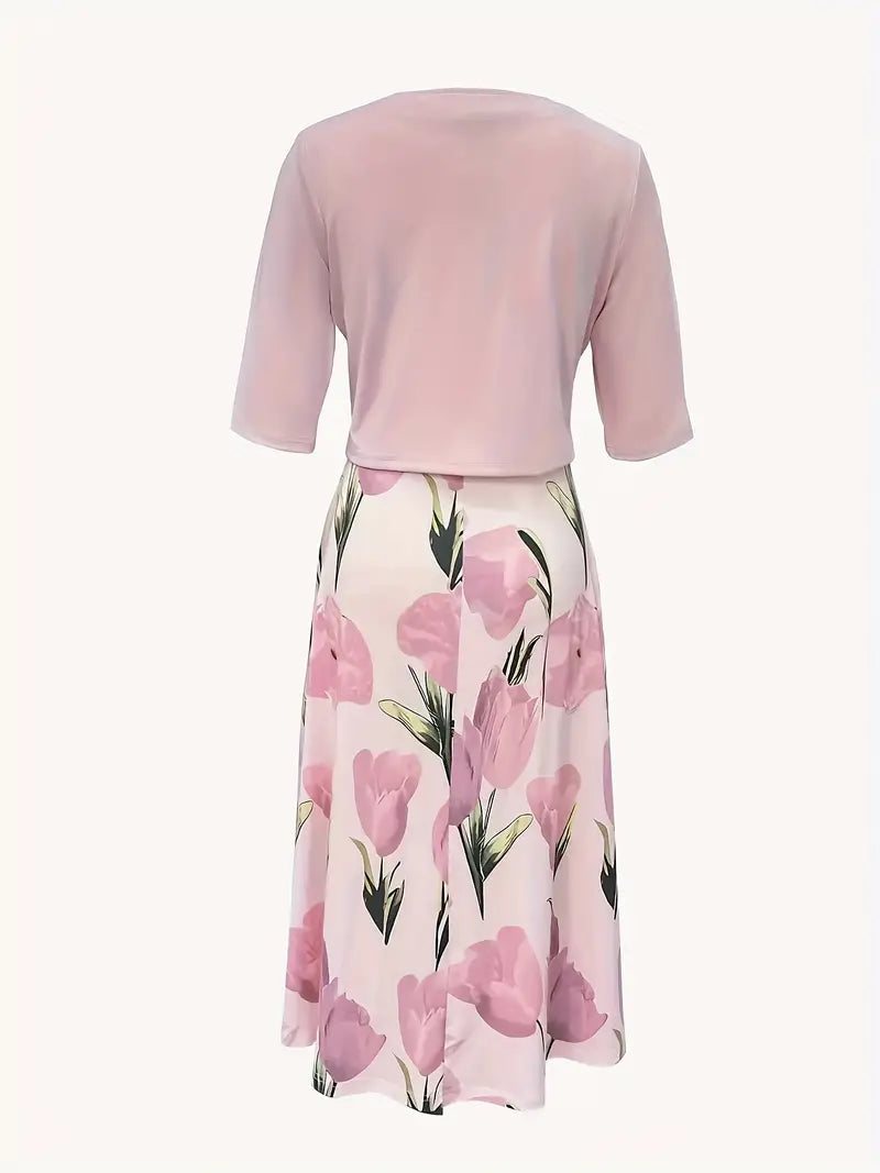 Stylish women's pink floral maxi dress with a versatile jacket, a chic set for special occasions.