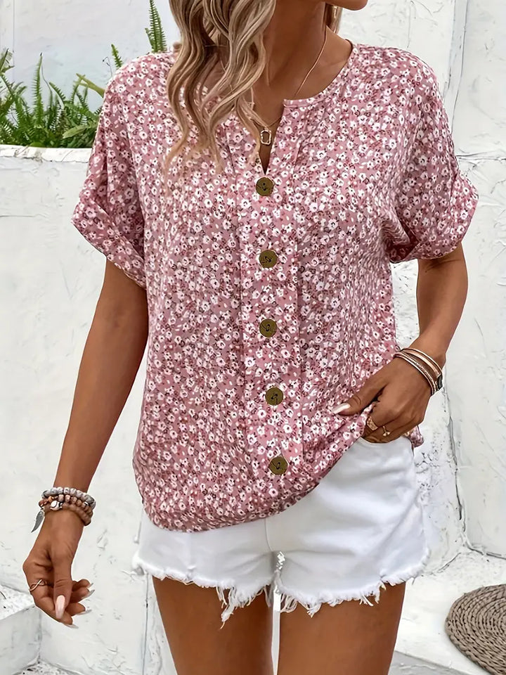 Spring fashion women's floral button-up blouse, relaxed fit long sleeve. Comfortable everyday elegant top.
