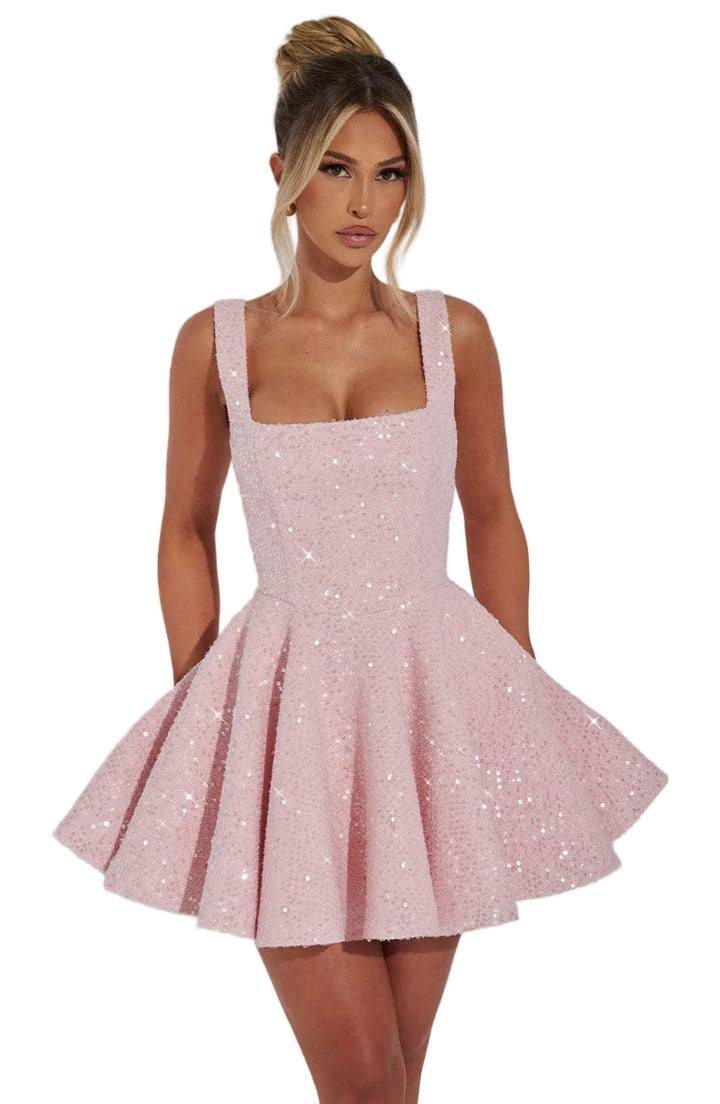 Women's pink sequin bow skater homecoming dress, short and flared, perfect for parties and dance.