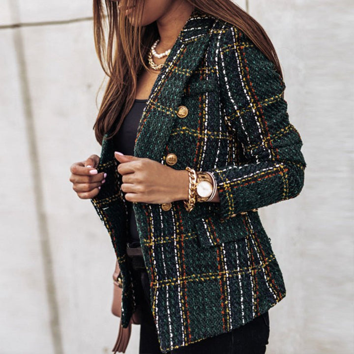 Women's plaid double-breasted blazer with elegant gold buttons, perfect for professional attire and chic fashion.