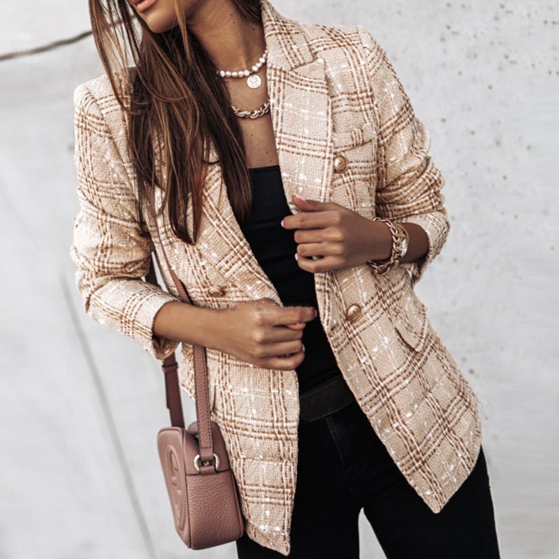 Tailored women's multi-color plaid blazer, double-breasted design with stylish gold buttons for fall fashion.