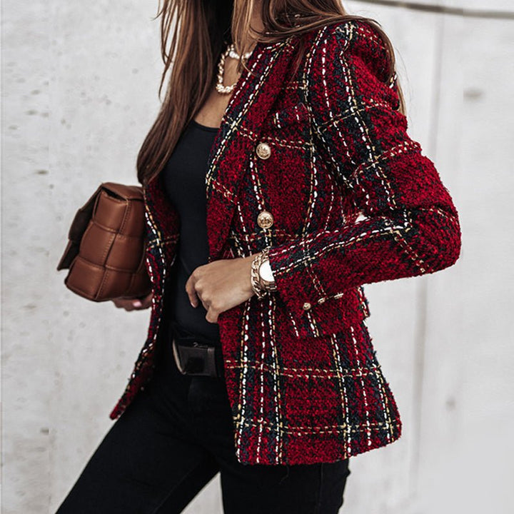 Women's tailored plaid blazer featuring a double-breasted cut & eye-catching gold buttons. Ideal for office or chic look.