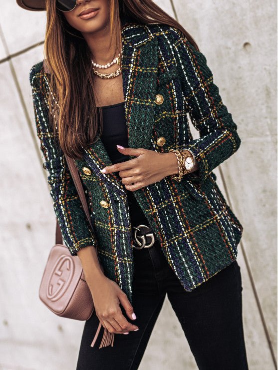Professional women's plaid blazer, double-breasted with luxurious gold buttons. Perfect for business and elegant events.
