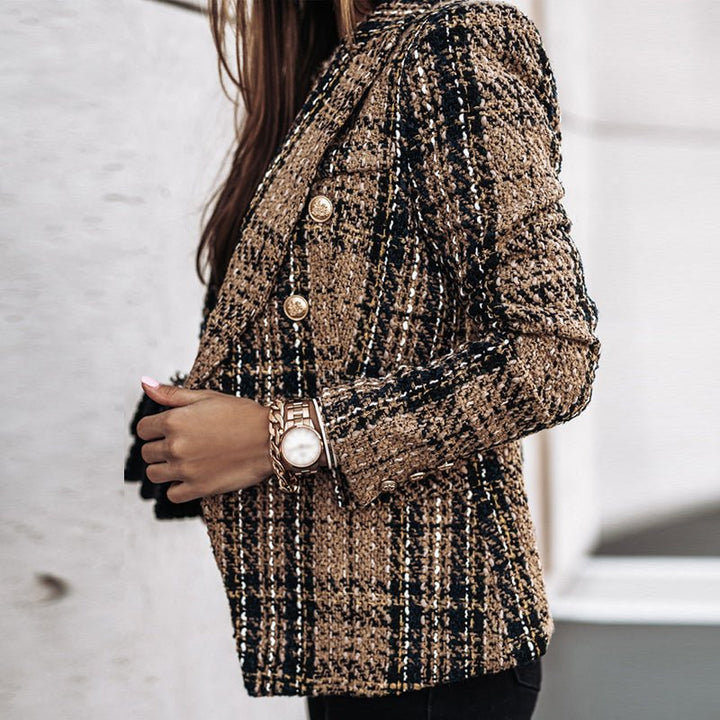 Elegant women's multi-color plaid blazer, double-breasted with shimmering gold buttons. A versatile tailored statement piece.
