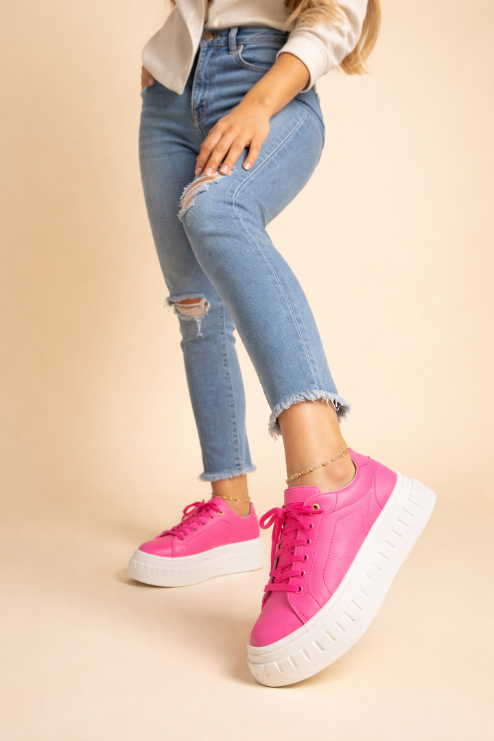 Lace-up women's platform sneakers. Cushioned sole provides ultimate comfort and stylish height for trendy casual footwear.