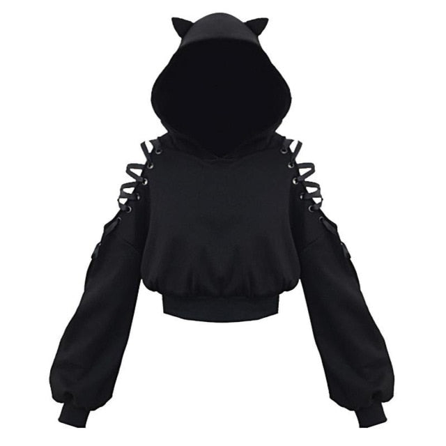 Women's playful black cat ear cropped hoodie, cozy and chic, perfect for casual everyday wear.