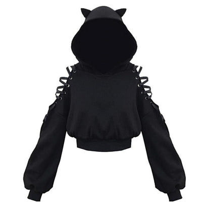 Women's playful black cat ear cropped hoodie, cozy and chic, perfect for casual everyday wear.