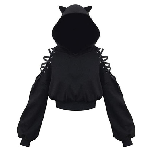 Women's playful black cat ear cropped hoodie, cozy and chic, perfect for casual everyday wear.