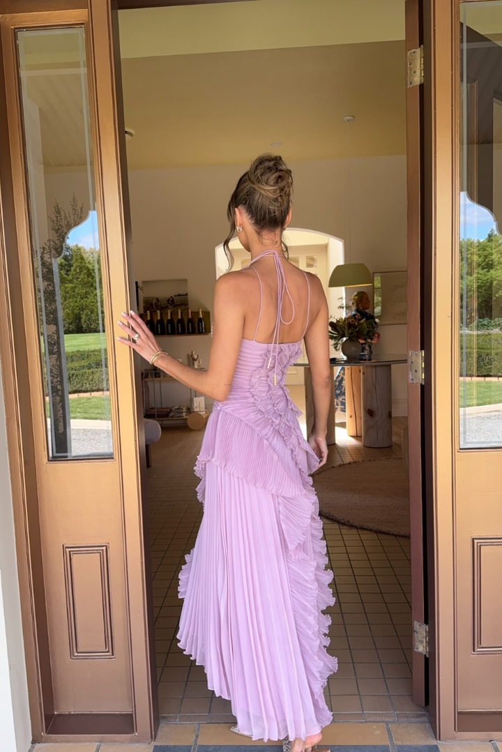 Formal lilac homecoming midi dress for women, with pleated details, a ruffle hem, and a chic halter neckline.