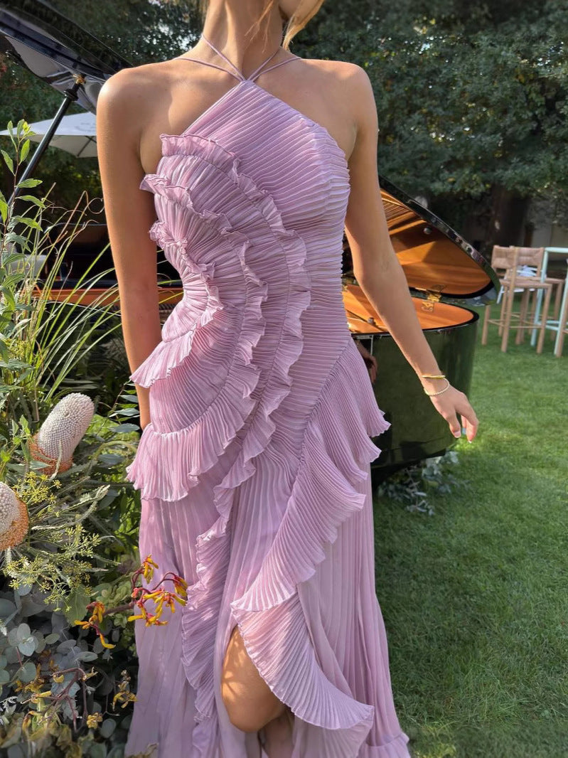 Women's lilac pleated ruffle halter midi dress; elegant formalwear for homecoming, parties, or special events.
