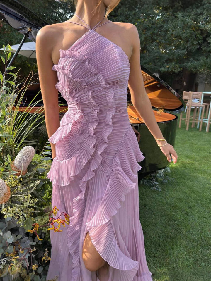 Women's lilac pleated ruffle halter midi dress; elegant formalwear for homecoming, parties, or special events.