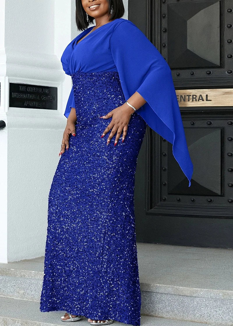 Stylish plus size midi banquet dress, V-neck, long sleeve. Elegant formal wear for fall & year-round.