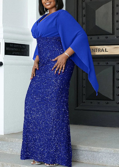Stylish plus size midi banquet dress, V-neck, long sleeve. Elegant formal wear for fall & year-round.