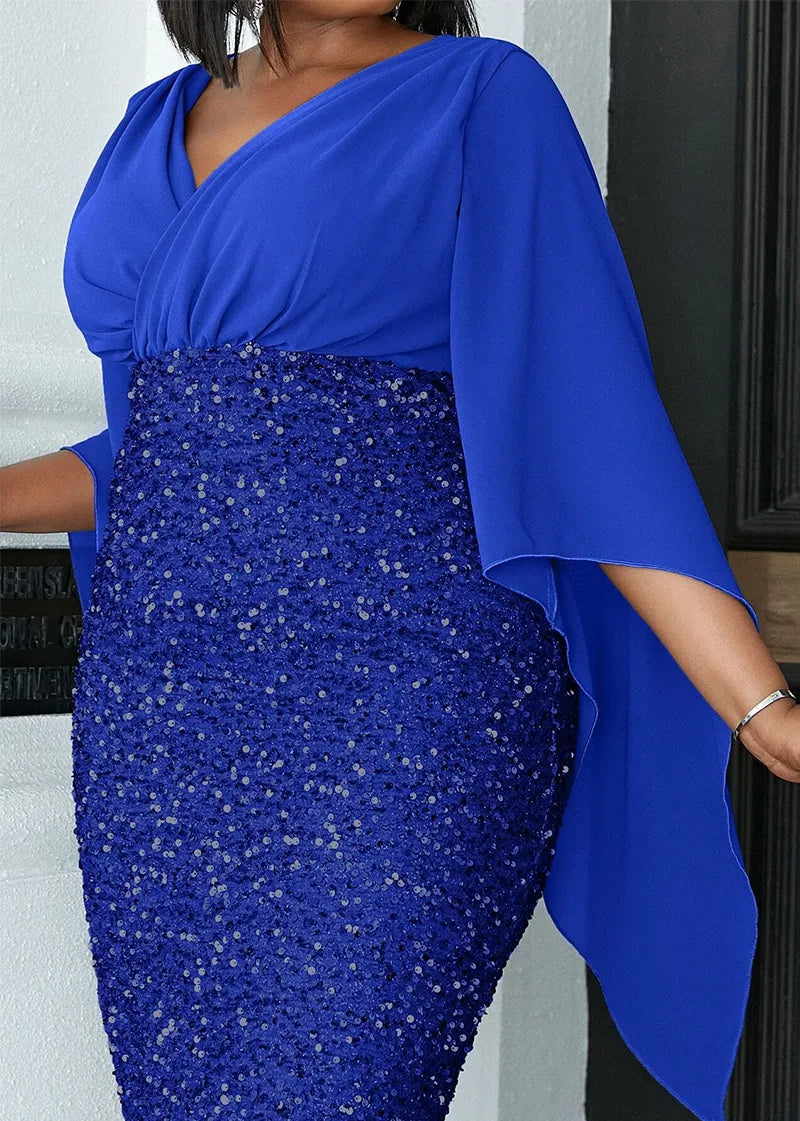 Sophisticated plus size V-neck midi dress. Long sleeve design, perfect formal wear for women.