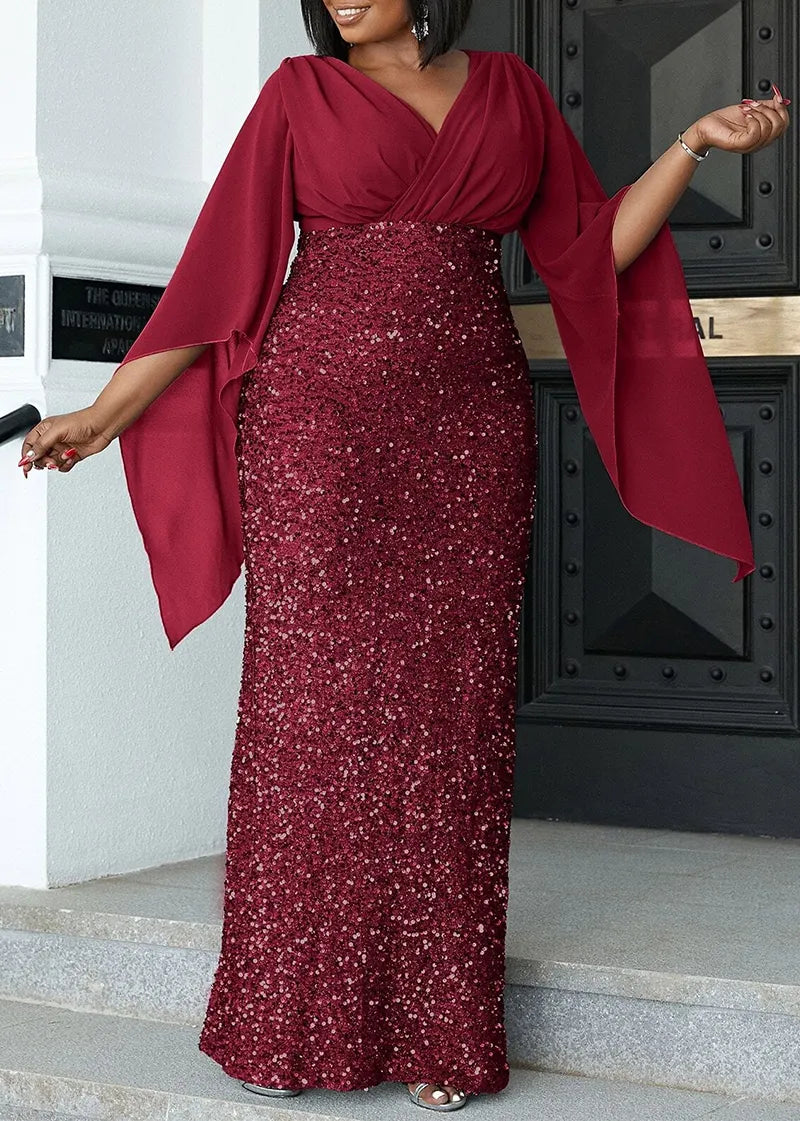 Chic plus size V-neck midi dress with long sleeves, ideal formal wear & evening gown for women.