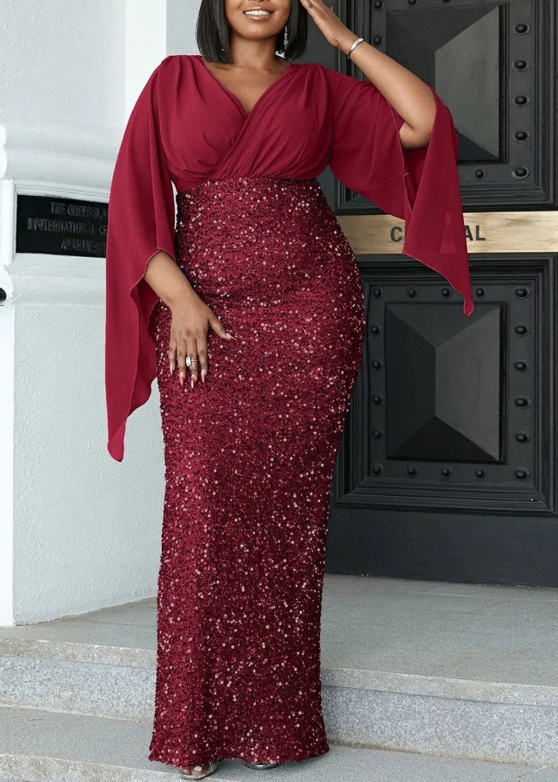 Plus size formal midi dress for women. Elegant evening gown, suitable for special occasions year-round.