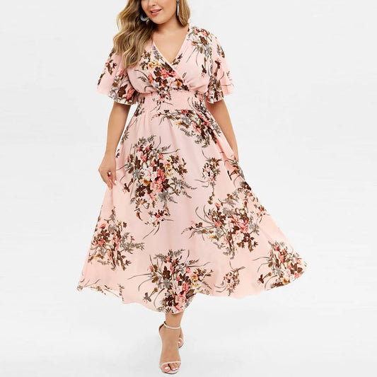 Women's plus size floral maxi dress, elegant fall boho style.