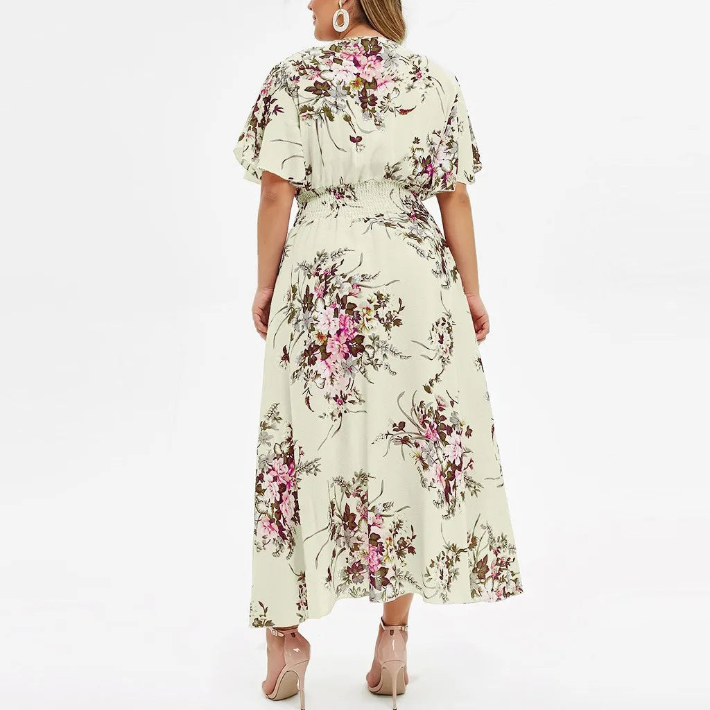Yellow floral plus size long dress, vibrant fall fashion for women.