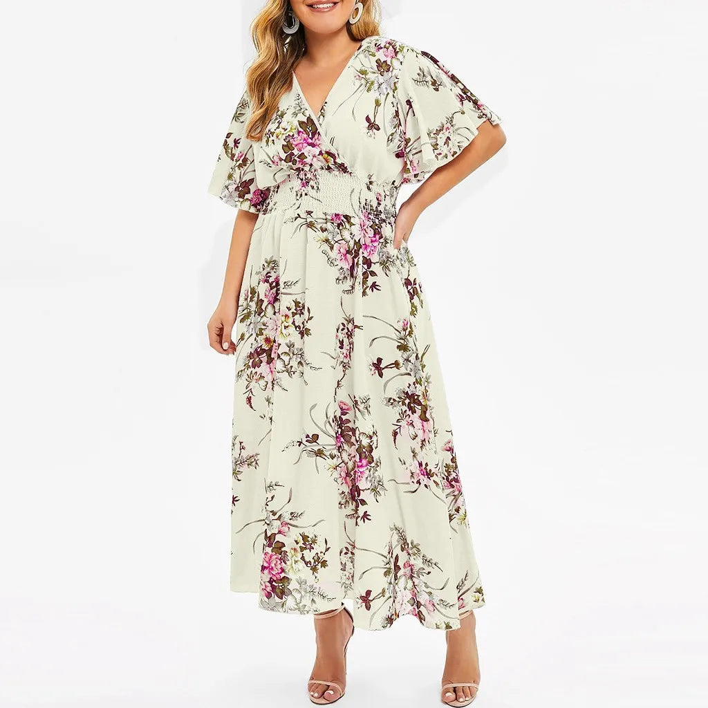 Navy floral plus size maxi dress, elegant boho wear, perfect for autumn.