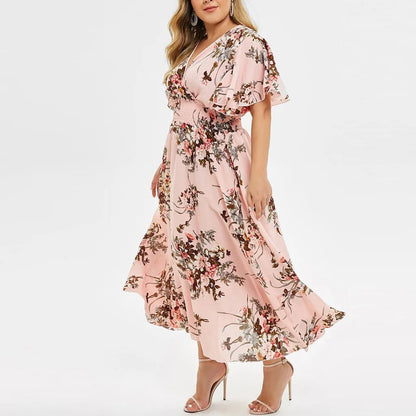 Elegant plus size women's clothing, fall floral maxi dress design.