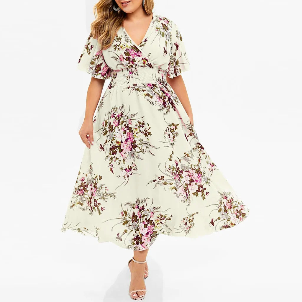 Comfortable plus size long floral dress, perfect for fall fashion.