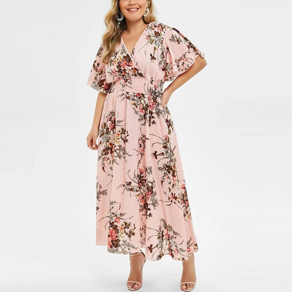 Casual plus size floral long dress, comfortable boho style for women.