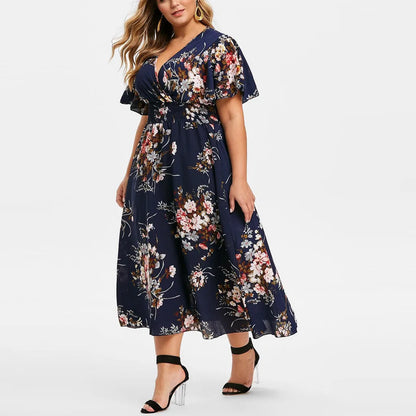 Stylish women's plus size boho maxi dress with vibrant floral print.