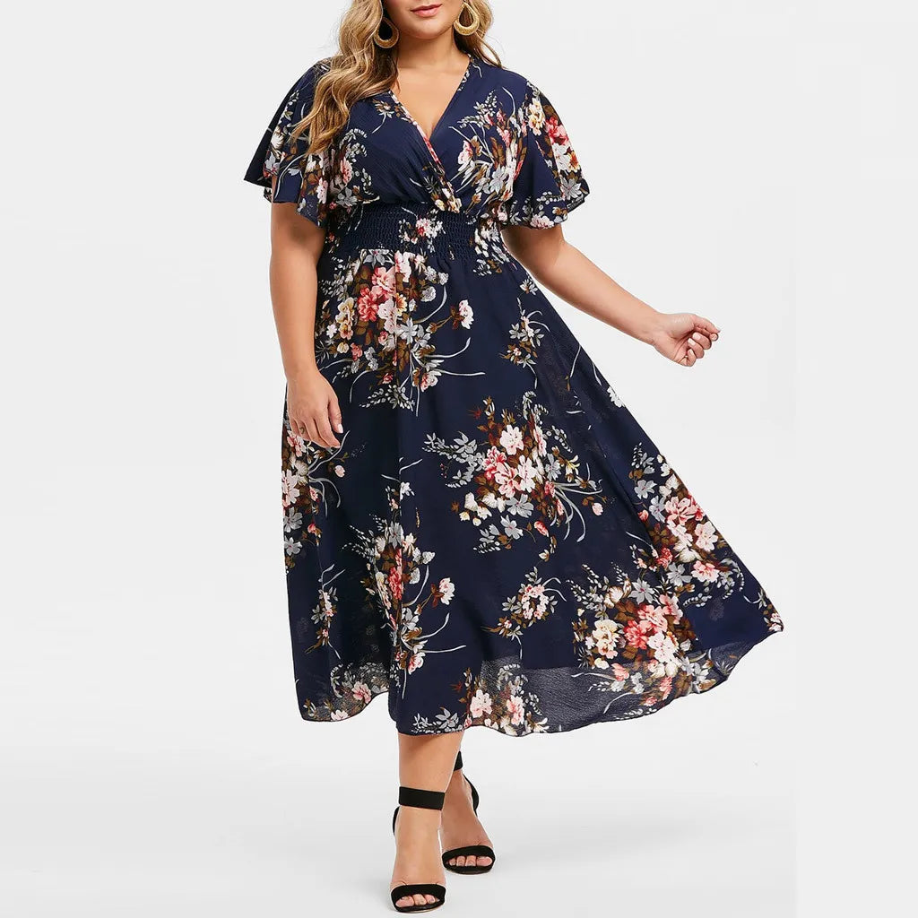 Casual fall floral maxi dress, comfortable plus size women's clothing.