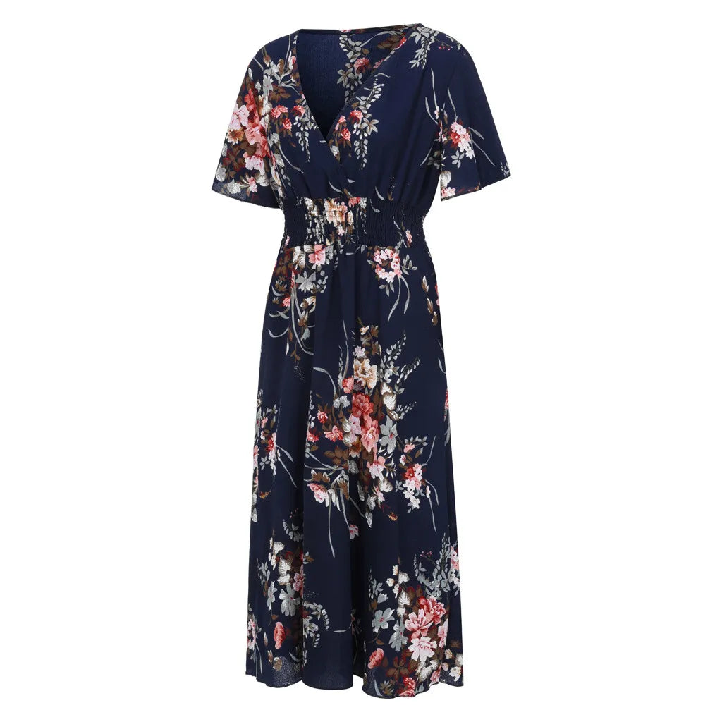 Elegant plus size long floral dress, suitable for all-year wear.