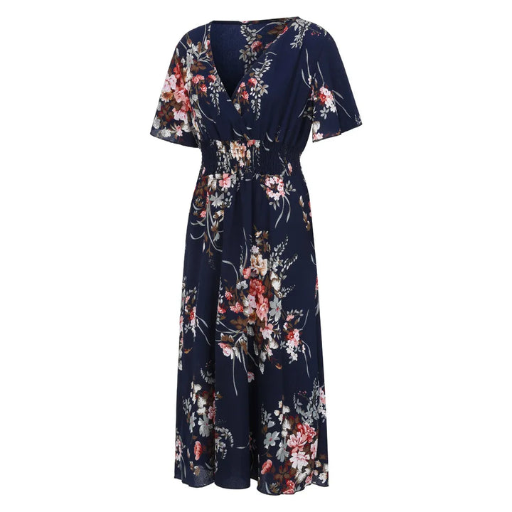 Elegant plus size long floral dress, suitable for all-year wear.