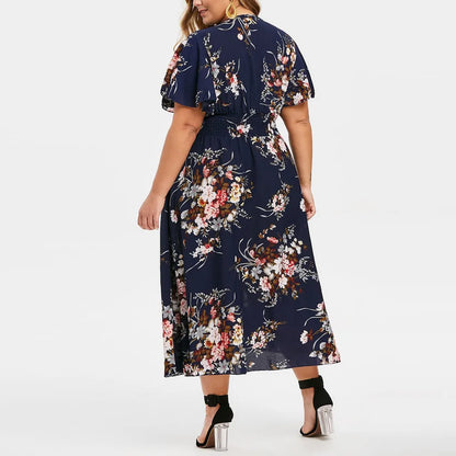Navy blue plus size floral maxi dress, chic boho style for fall elegance.