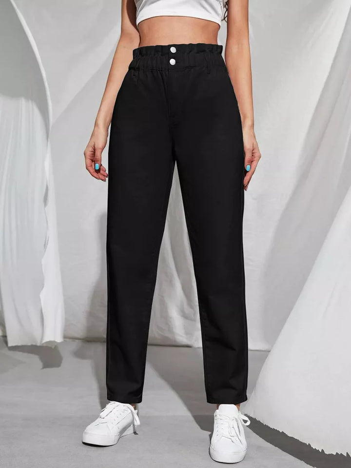 Curvy fit women's high-waist mom jeans, premium stretch denim, flattering silhouette.