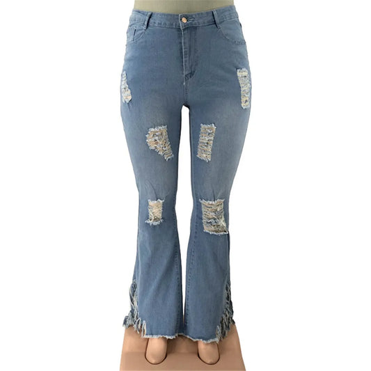 Women's plus size high-waist ripped flared jeans, trendy stretch denim for all seasons.