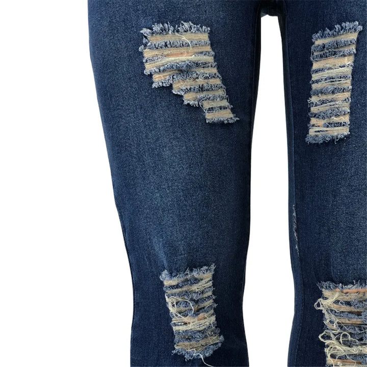 All-year women's plus size flared jeans, high-waisted and ripped, made with soft stretch denim.