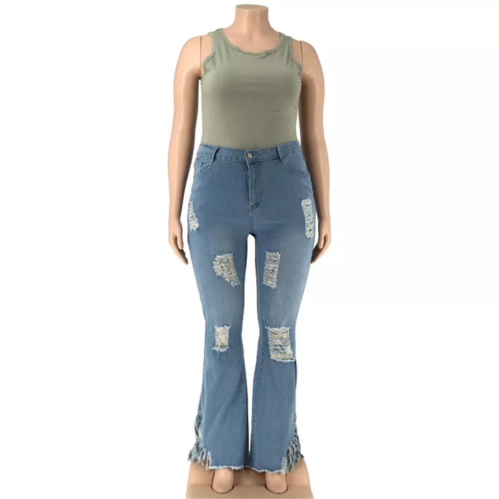 Plus size stretch denim flared jeans, high-waisted and ripped, perfect for women's casual style.