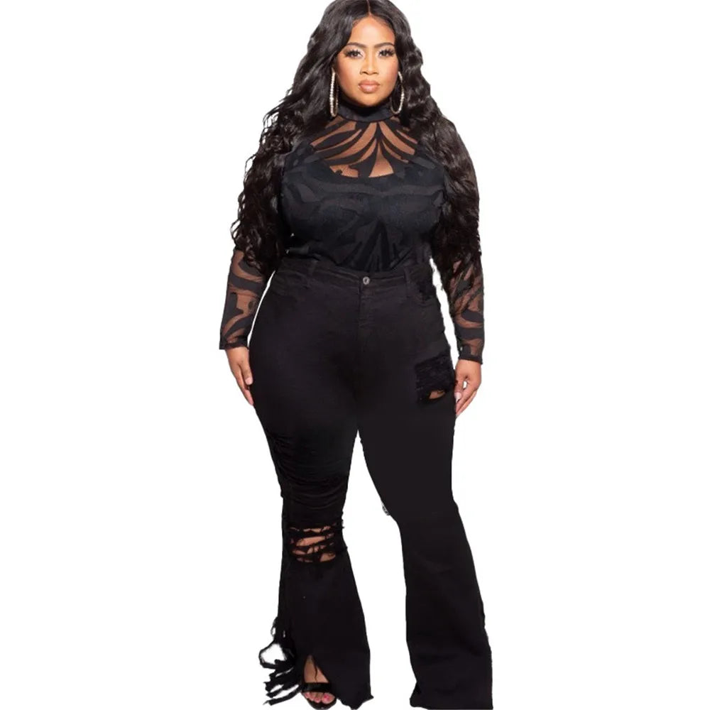 Plus size women's fashionable flared jeans, high-waist and ripped for a contemporary look.