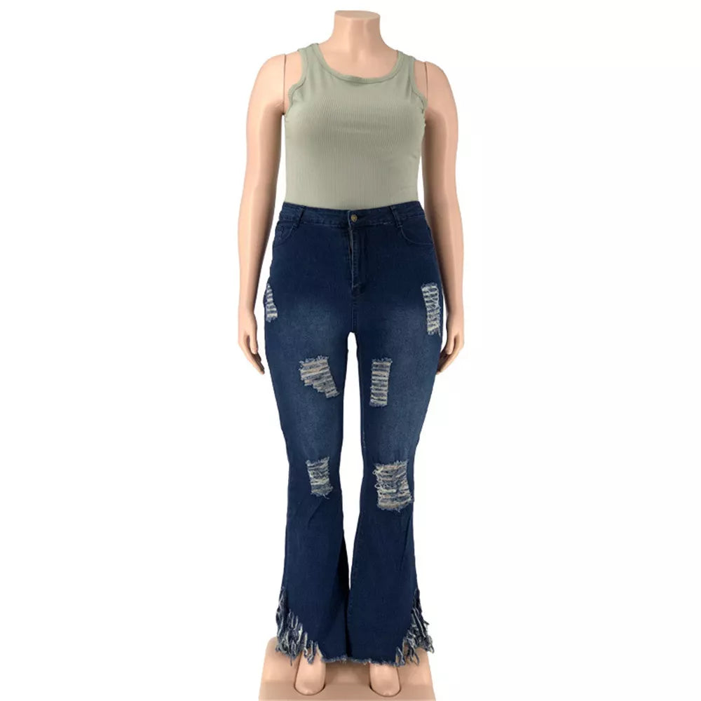 Plus size women's ripped flared jeans, high-waist stretch denim for ultimate comfort and style.
