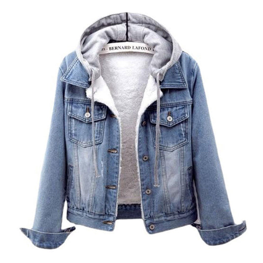 Women's plus size light blue hooded denim jacket for fall, ideal casual outerwear for winter comfort.