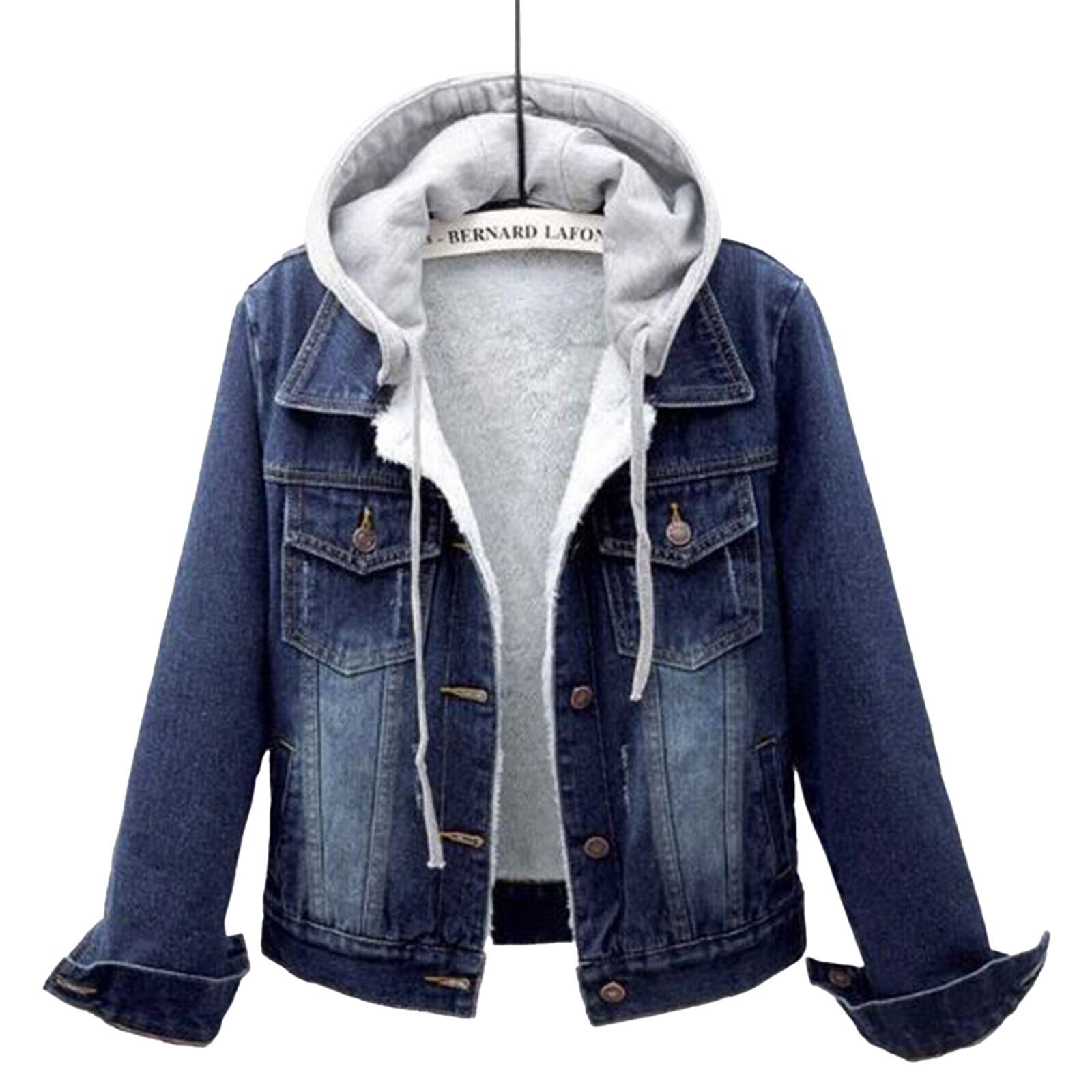Versatile women's plus size dark blue hooded denim jacket, perfect casual fall fashion outerwear.
